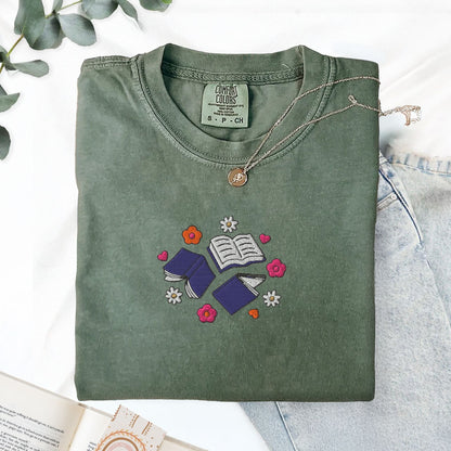My Store Books and Flowers Embroidered Book Lover T-Shirt Books and Flowers Embroidered Book Lover T-Shirt