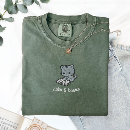 My Store Cats and Books Cute Embroidered T-Shirt Cats and Books Cute Embroidered T-Shirt