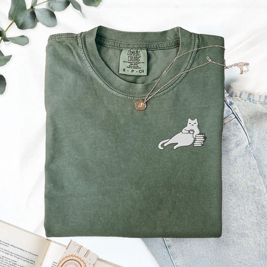 My Store Cats, Coffee, and Books Swaggy Embroidered Cat T-Shirt Cats, Coffee, and Books Swaggy Embroidered Cat T-Shirt