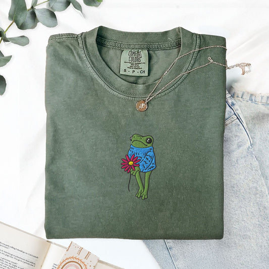 My Store Cute Flower Frog Shirt Embroidered T-Shirt Cute Flower Frog Shirt Embroidered T-Shirt