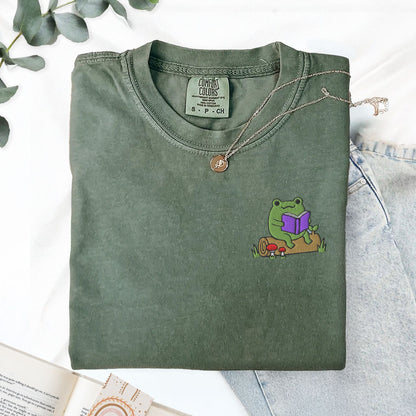 My Store Frog Reading On A Log Cute Embroidered Frog T-Shirt Frog Reading On A Log Cute Embroidered Frog T-Shirt
