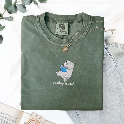 My Store Reading Is Cool Cute Embroidered Polar Bear Book T-Shirt Reading Is Cool Cute Embroidered Polar Bear Book T-Shirt