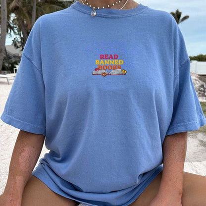 My Store Read Banned Books Rainbow Flowers Embroidered T-Shirt Read Banned Books Rainbow Flowers Embroidered T-Shirt