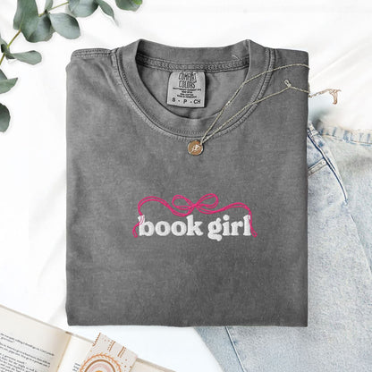 My Store Book Girl Embroidered Coquette Bow Cute Book Tee Book Girl Embroidered Coquette Bow Cute Book Tee