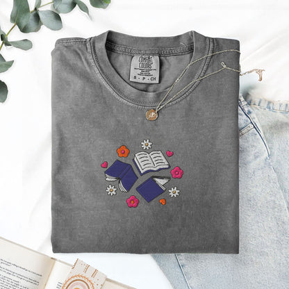 My Store Books and Flowers Embroidered Book Lover T-Shirt Books and Flowers Embroidered Book Lover T-Shirt