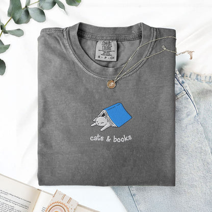 My Store Cats and Books Embroidered Comfort Colors T-Shirt Cats and Books Embroidered Comfort Colors T-Shirt