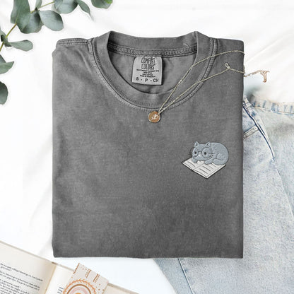 My Store Cute Embroidered Cat on a Book T-Shirt Cute Embroidered Cat on a Book T-Shirt
