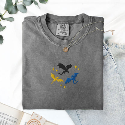 My Store Embroidered Dragons Flying Bookish Fantasy T-Shirt Embroidered Dragons Flying Bookish Fantasy T-Shirt