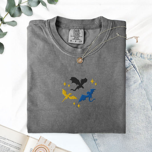 My Store Embroidered Dragons Flying Bookish Fantasy T-Shirt Embroidered Dragons Flying Bookish Fantasy T-Shirt