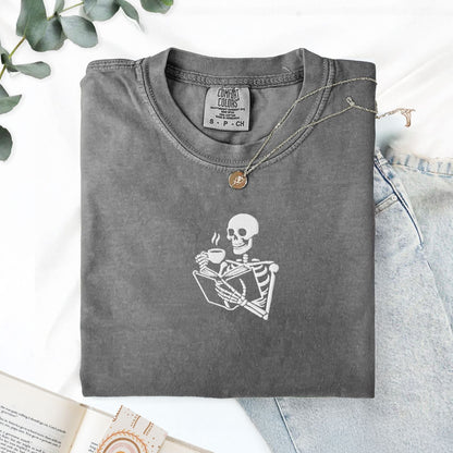 My Store Embroidered Skeleton Reading a Book Spooky Cute T-Shirt Embroidered Skeleton Reading a Book Spooky Cute T-Shirt