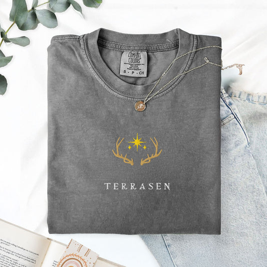 My Store Terrasen Elyria Embroidered Comfort Colors Shirt, SJM Throne of Glass Merch Terrasen Elyria Embroidered Comfort Colors Shirt, SJM Throne of Glass Merch