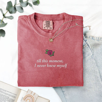 My Store Pride and Prejudice 'till this moment I never knew myself' Embroidered T-Shirt Pride and Prejudice 'till this moment I never knew myself' Embroidered T-Shirt