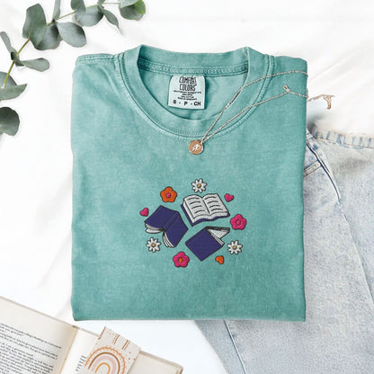My Store Books and Flowers Embroidered Book Lover T-Shirt Books and Flowers Embroidered Book Lover T-Shirt