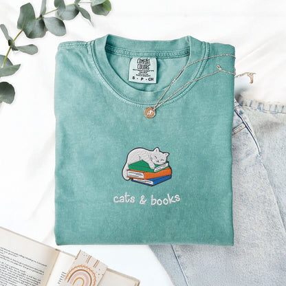 My Store Cats and Books Embroidered Comfort Colors T-Shirt Cats and Books Embroidered Comfort Colors T-Shirt