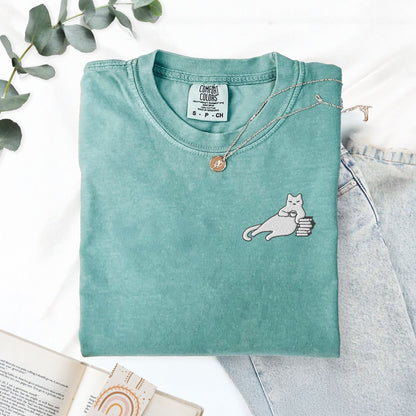 My Store Cats, Coffee, and Books Swaggy Embroidered Cat T-Shirt Cats, Coffee, and Books Swaggy Embroidered Cat T-Shirt