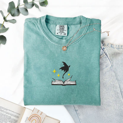 My Store Embroidered Dragon Flying Fantasy Book T-Shirt Embroidered Dragon Flying Fantasy Book T-Shirt