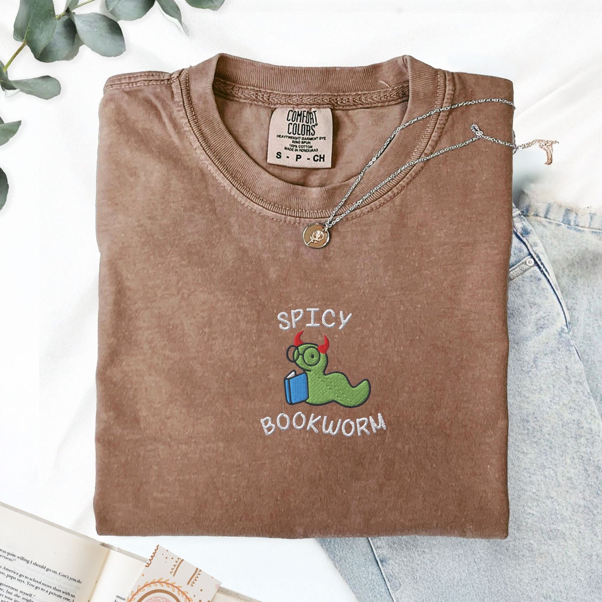 My Store Spicy Bookworm Embroidered T-Shirt Spicy Bookworm Embroidered T-Shirt