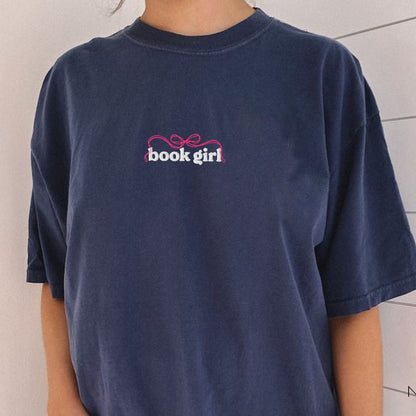 My Store Book Girl Embroidered Coquette Bow Cute Book Tee Book Girl Embroidered Coquette Bow Cute Book Tee