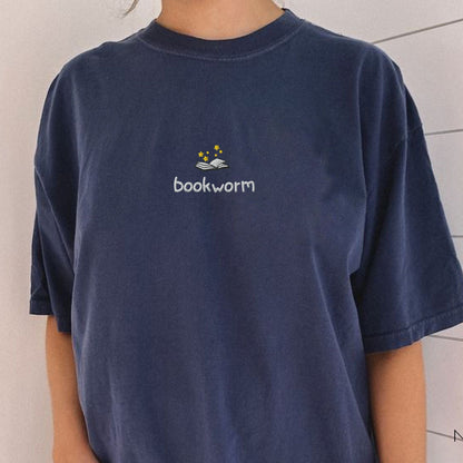 My Store Cute Embroidered Bookworm T-Shirt Cute Embroidered Bookworm T-Shirt