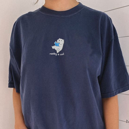My Store Reading Is Cool Cute Embroidered Polar Bear Book T-Shirt Reading Is Cool Cute Embroidered Polar Bear Book T-Shirt