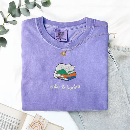 My Store Cats and Books Embroidered Comfort Colors T-Shirt Cats and Books Embroidered Comfort Colors T-Shirt