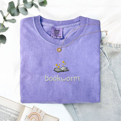 My Store Cute Embroidered Bookworm T-Shirt Cute Embroidered Bookworm T-Shirt