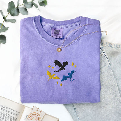 My Store Embroidered Dragons Flying Bookish Fantasy T-Shirt Embroidered Dragons Flying Bookish Fantasy T-Shirt