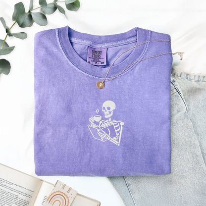 My Store Embroidered Skeleton Reading a Book Spooky Cute T-Shirt Embroidered Skeleton Reading a Book Spooky Cute T-Shirt