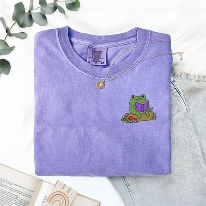 My Store Frog Reading On A Log Cute Embroidered Frog T-Shirt Frog Reading On A Log Cute Embroidered Frog T-Shirt