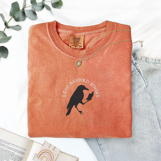 My Store Read Banned Books Edgar Allen Crow Embroidered T-Shirt Read Banned Books Edgar Allen Crow Embroidered T-Shirt