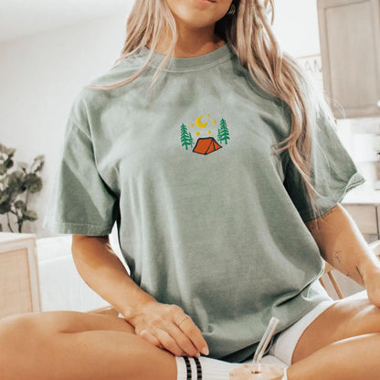Pine Spice Books Cozy Camping Embroidered T-Shirt Cozy Camping Embroidered T-Shirt