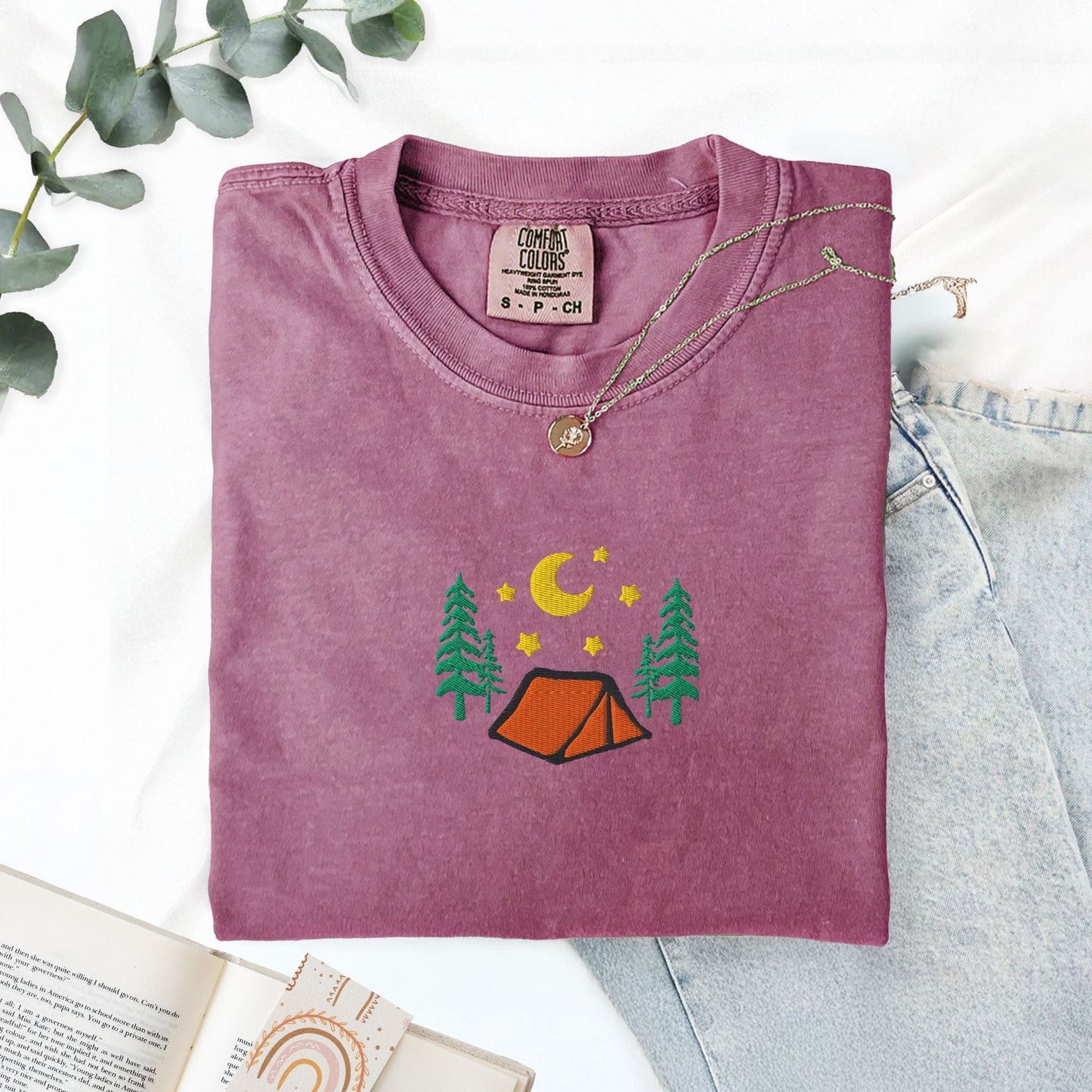 Pine Spice Books Cozy Camping Embroidered T-Shirt Cozy Camping Embroidered T-Shirt