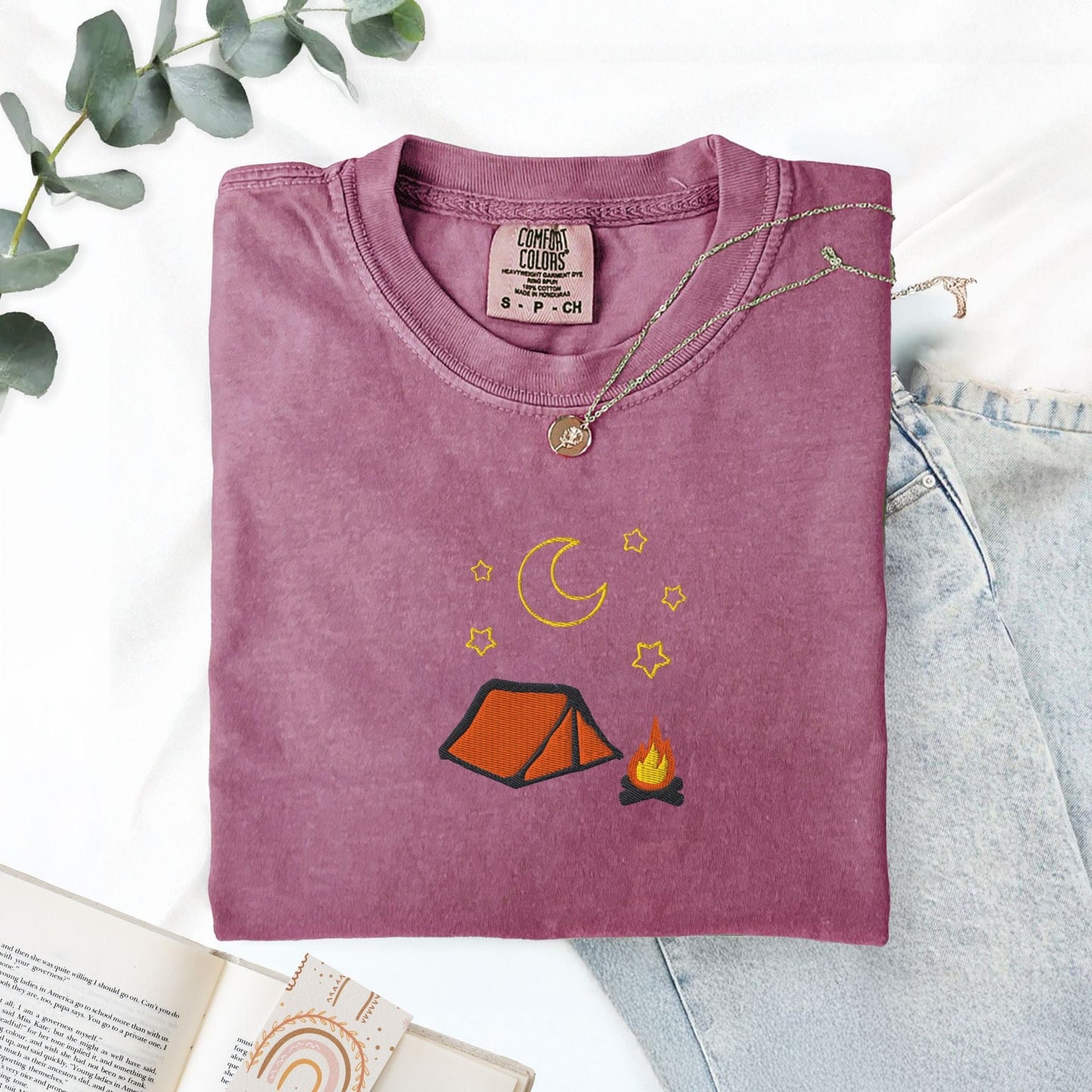 Pine Spice Books Cozy Embroidered Camping T-Shirt Cozy Embroidered Camping T-Shirt