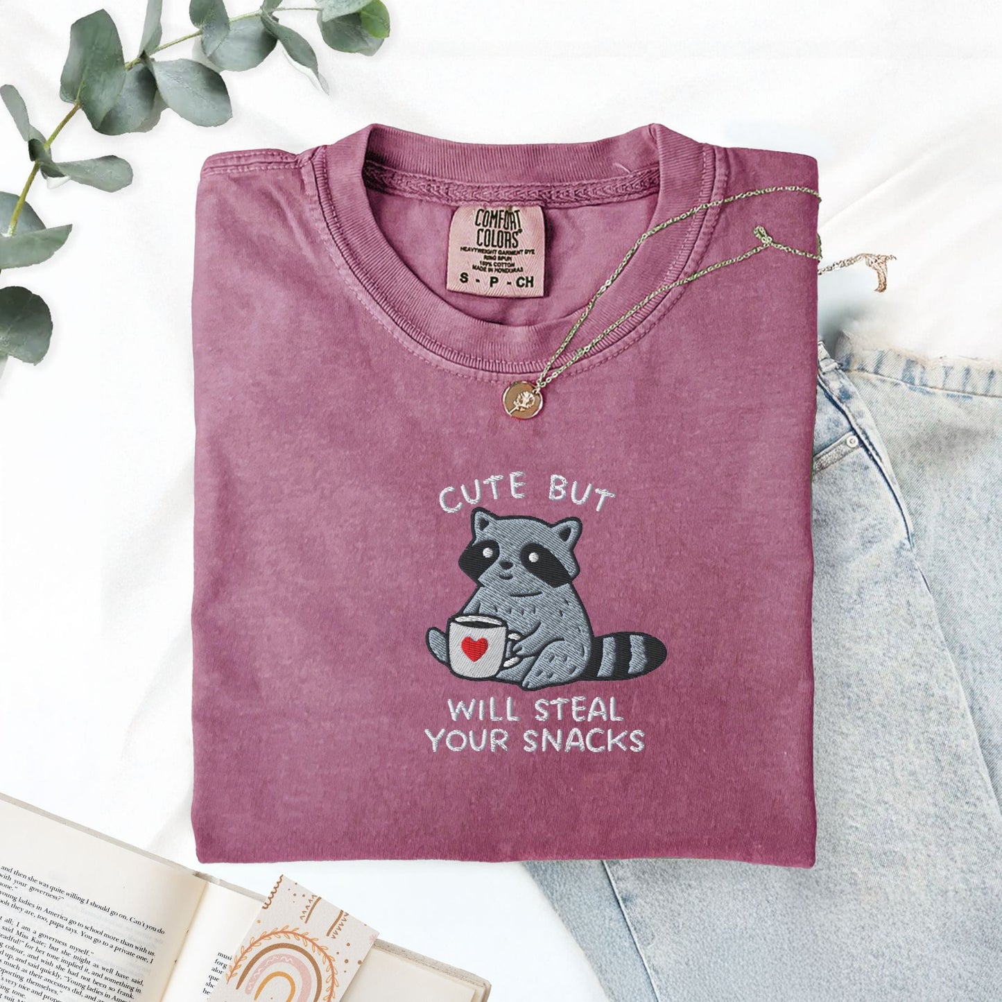 Pine Spice Books Cute But Will Steal Your Snacks Raccoon Embroidered T-Shirt Cute But Will Steal Your Snacks Raccoon Embroidered T-Shirt