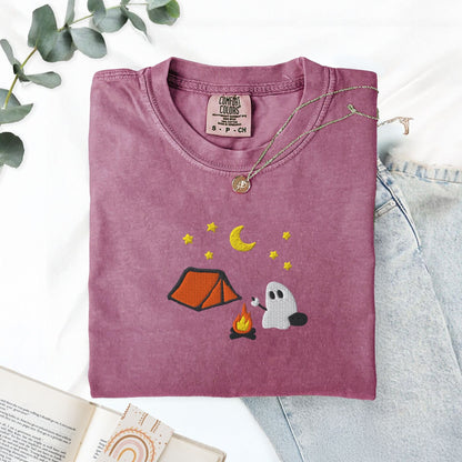 Pine Spice Books Cute Camping Ghost Embroidered T-Shirt Cute Camping Ghost Embroidered T-Shirt
