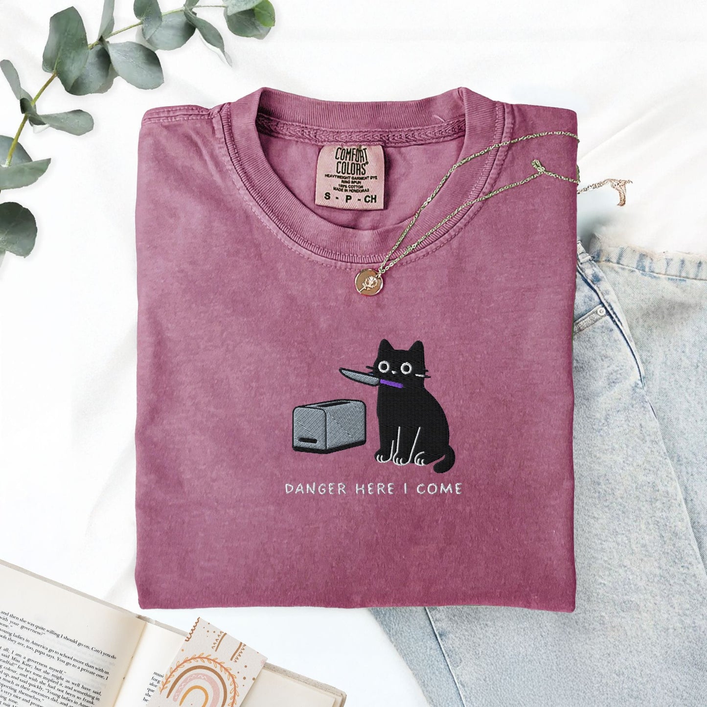 Pine Spice Books Danger Here I Come Cat Embroidered T-Shirt Danger Here I Come Cat Embroidered T-Shirt