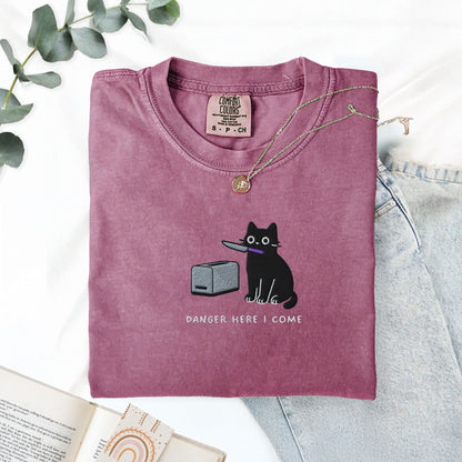 Pine Spice Books Danger Here I Come Cat Embroidered T-Shirt Danger Here I Come Cat Embroidered T-Shirt