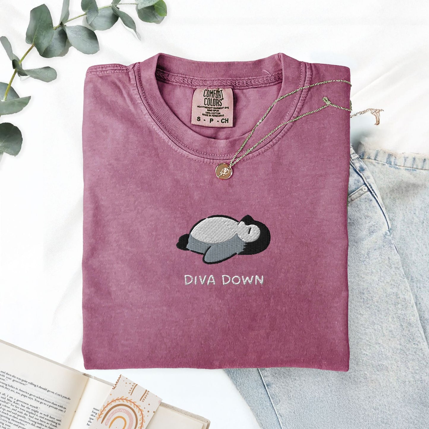 Pine Spice Books Diva Down Penguin Embroidered T-Shirt Diva Down Penguin Embroidered T-Shirt
