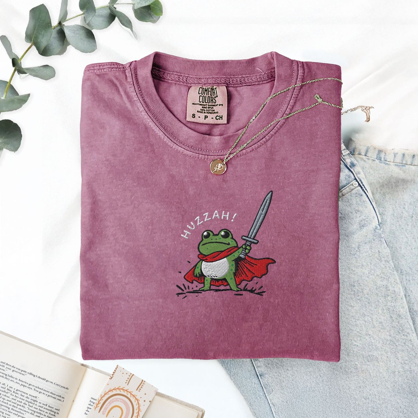 Pine Spice Books Huzzah Frog Embroidered T-Shirt Huzzah Frog Embroidered T-Shirt