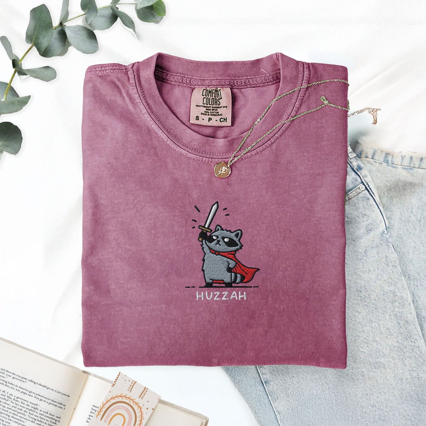 Pine Spice Books Huzzah Raccoon Embroidered T-Shirt Huzzah Raccoon Embroidered T-Shirt