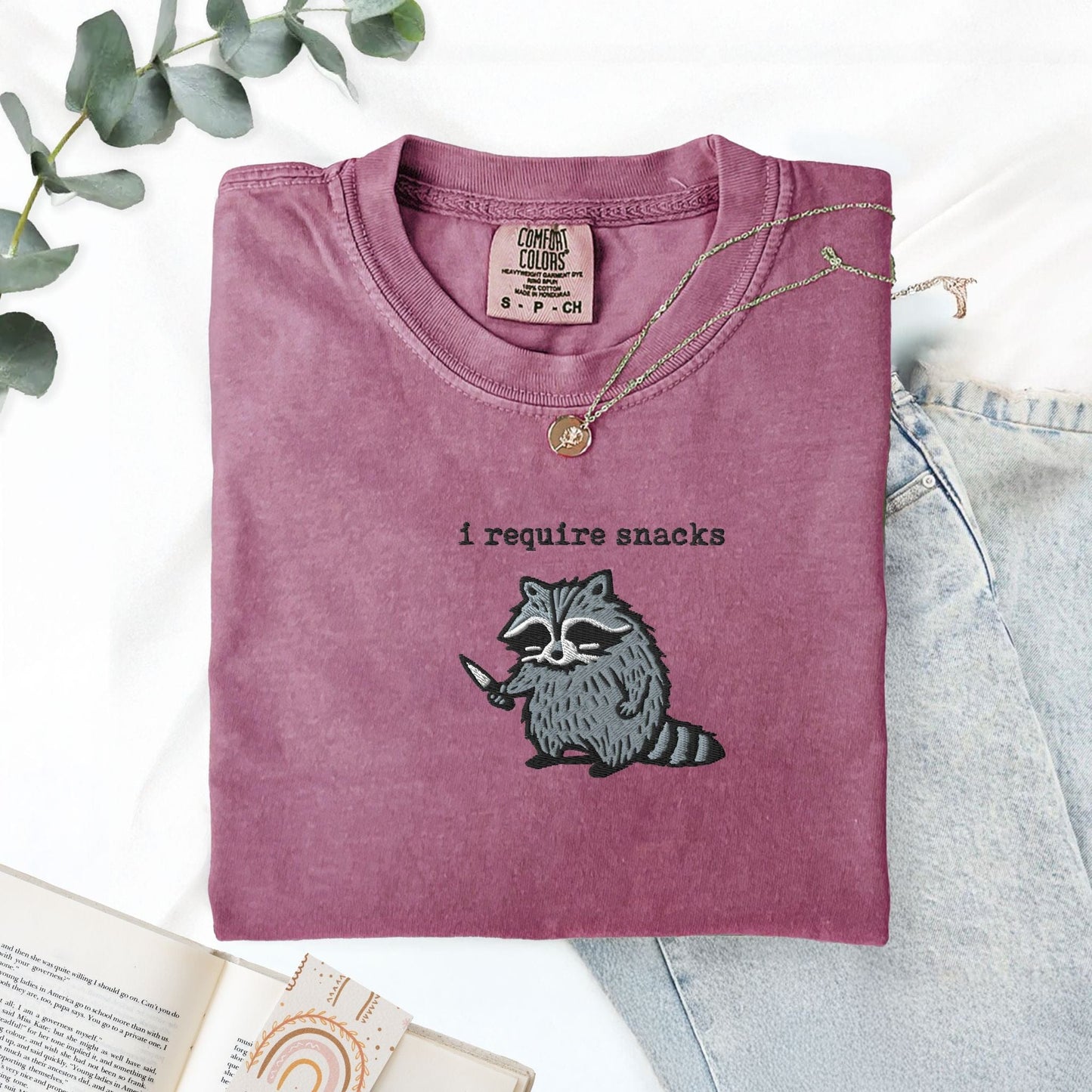Pine Spice Books I Require Snacks Raccoon Embroidered T-Shirt I Require Snacks Raccoon Embroidered T-Shirt