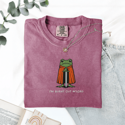 Pine Spice Books Im Burnt Out M'lord Frog Embroidered T-Shirt Im Burnt Out M'lord Frog Embroidered T-Shirt