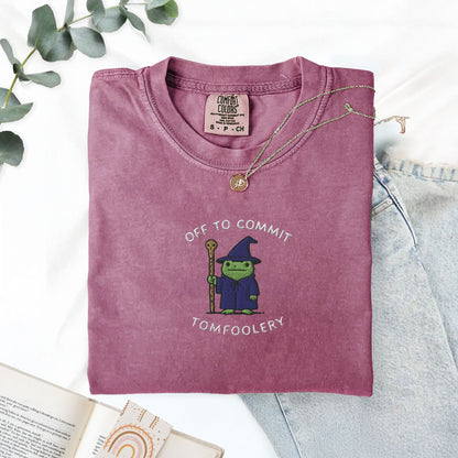 Pine Spice Books Off To Commit Tomfoolery Embroidered Frog T-Shirt Off To Commit Tomfoolery Embroidered Frog T-Shirt