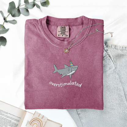 Pine Spice Books Overstimulated Shark Embroidered T-Shirt Overstimulated Shark Embroidered T-Shirt