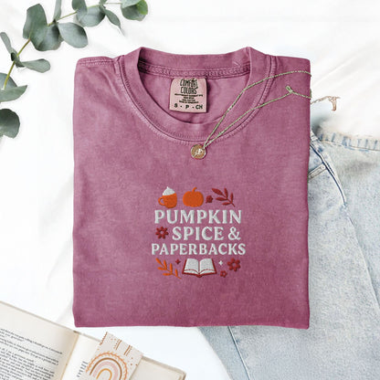 Pine Spice Books Pumpkin Spice and Paperbacks Embroidered Fall T-Shirt Pumpkin Spice and Paperbacks Embroidered Fall T-Shirt