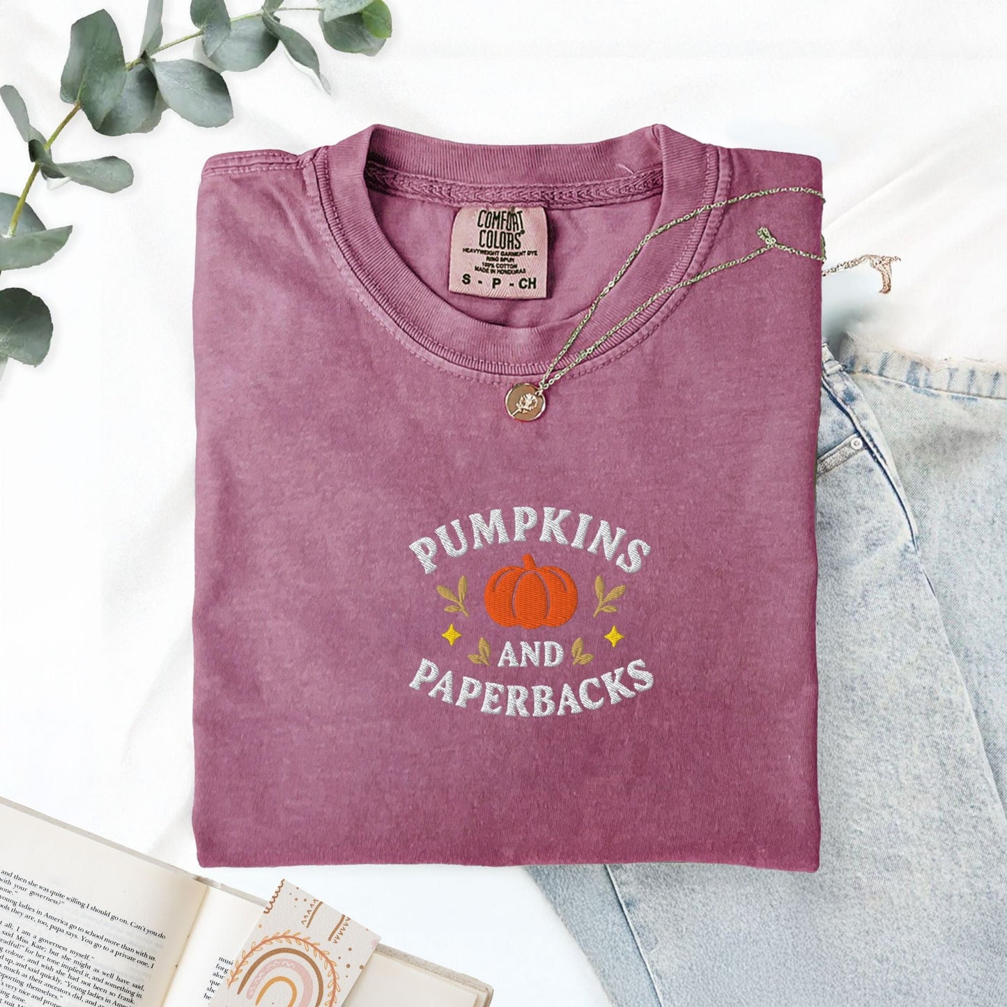 Pine Spice Books Pumpkins and Paperbacks Embroidered T-Shirt Pumpkins and Paperbacks Embroidered T-Shirt
