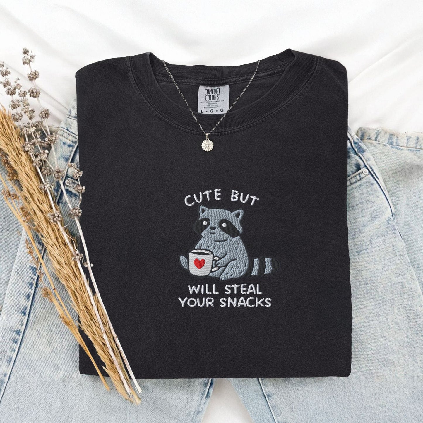 Pine Spice Books Cute But Will Steal Your Snacks Raccoon Embroidered T-Shirt Cute But Will Steal Your Snacks Raccoon Embroidered T-Shirt