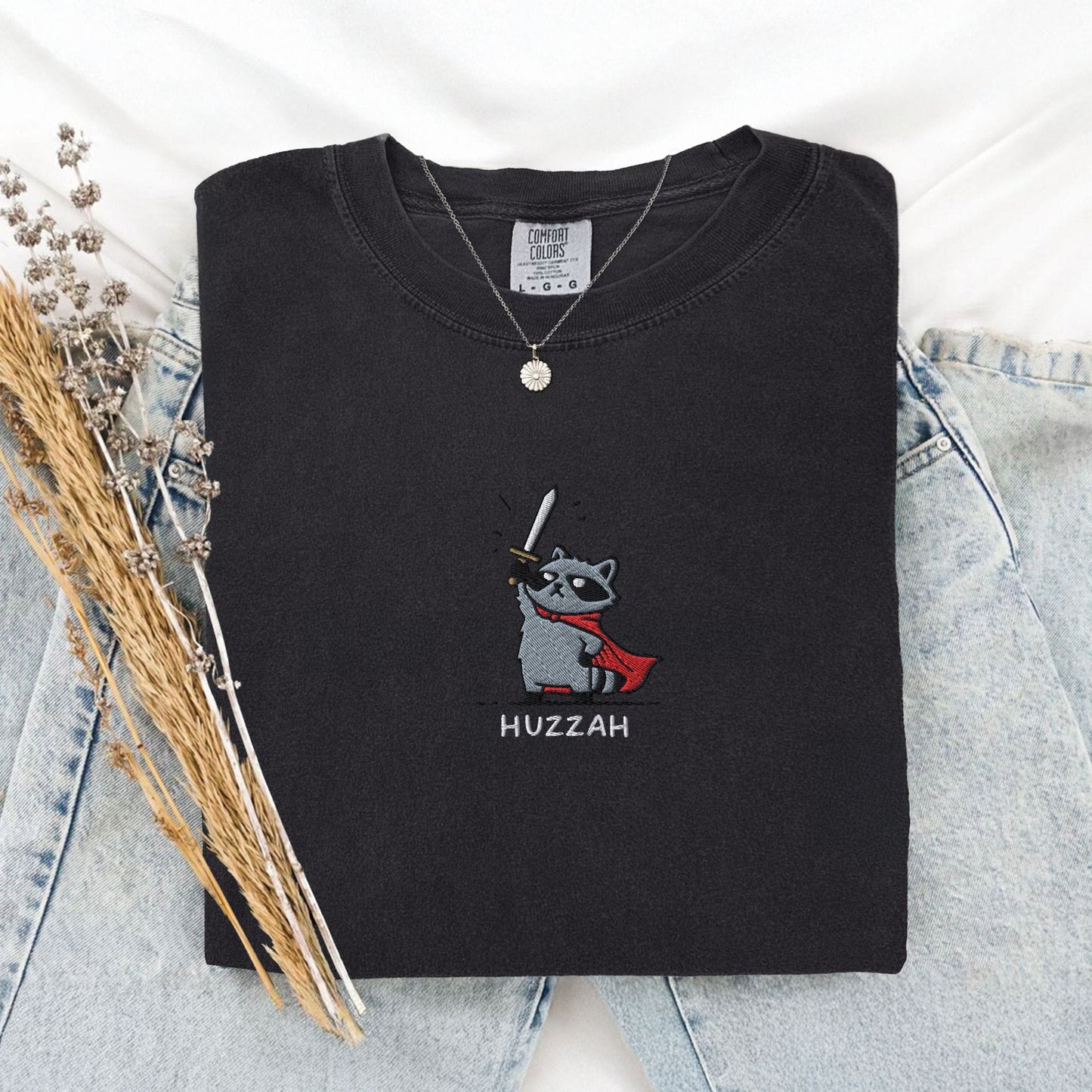 Pine Spice Books Huzzah Raccoon Embroidered T-Shirt Huzzah Raccoon Embroidered T-Shirt