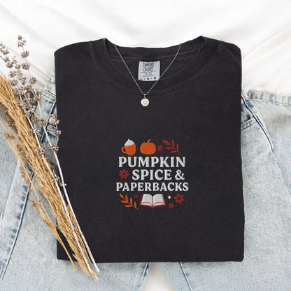 Pine Spice Books Pumpkin Spice and Paperbacks Embroidered Fall T-Shirt Pumpkin Spice and Paperbacks Embroidered Fall T-Shirt