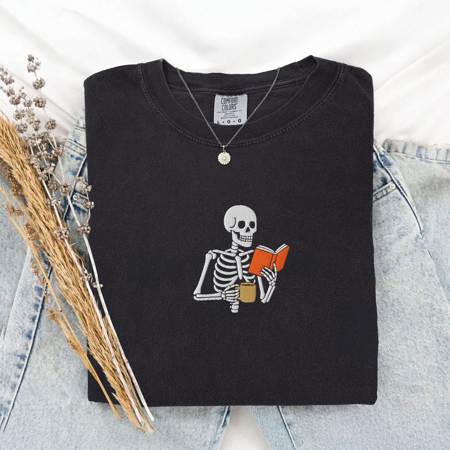 Pine Spice Books Skeleton Reading a Book T-Shirt Skeleton Reading a Book T-Shirt